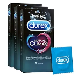 Durex Mutual Climax Condoms for Men & Women - 10 Count (Pack of 3) | Extra Dotted and Ribbed for Pleasure | Performa Lubricant for Long Lasting Climax Delay | Suitable for use with lubes & toys