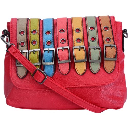 EyeCatch - Danice Womens Faux Leather Multi Belt Buckle Cross Body Clutch Messenger Ladies Shoulder Bag Red