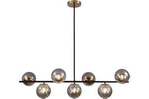 KCO Illuminazione Nero e Oro Lineare Cucina Sospensione Lampadario Moderno Mid Century 7 Luci Vetro Fumo Globo Rotondo Vintage Lungo Sala da Pranzo