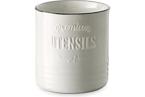DOWAN Portautensili, 14,0 X 13,2 cm, Utensili da Cucina in Ceramica di Grandi Dimensioni, Vaso per Utensili da Cucina Vintage, Profondo e Stabile, Tappetino in Sughero, Bianco