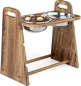 Emfogo Rustic Raised Dog Feeder Solid Wood Elevated Pet Bowl and Dog Food Stand with Two Stainless Bowls Adjustable Three Heights 4in,8in,13in