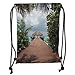 Produktbild OQUYCZ Drawstring Sack Backpacks Bags,Art,Wooden Deck by The Sea in Tropical Island with Palm Coconut Trees Exotic Holiday Theme Print,Multi Soft Satin,5 Liter Capacity,Adjustable String Closu