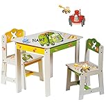 3 tlg. Set: Sitzgruppe für Kinder – aus sehr stabilen Holz – weiß – “ Bagger / Traktor & Auto “ – Tisch + 2 Stühle / Kindermöbel für Jungen & Mädchen – Kindertisch – Kinderstuhl – Kinderzimmer für circa 1 – 3 Jahre – Kindersitzgruppe – Tischgruppe / Stühlen – Baustelle - 3