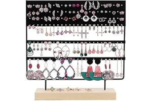 Homeanda Organisateur de bijoux avec base en bois, support pour boucles d'oreilles suspendues, 144 trous (Noir)