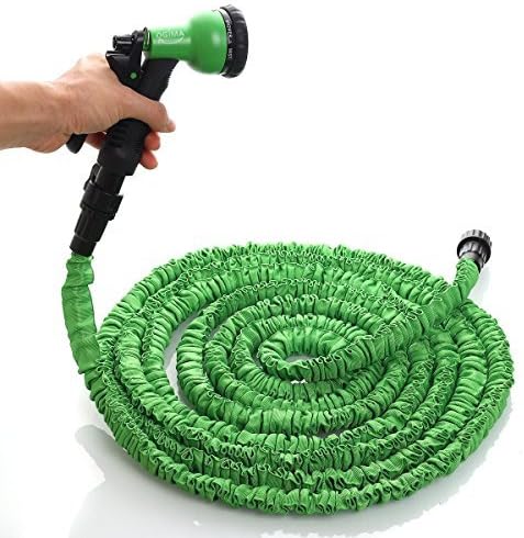 OGIMA Deluxe Latex Flexible Expandable Magic Garden Water Hose With 7 Functions Spray Nozzle and Shut-off Valve-Green (100FT)