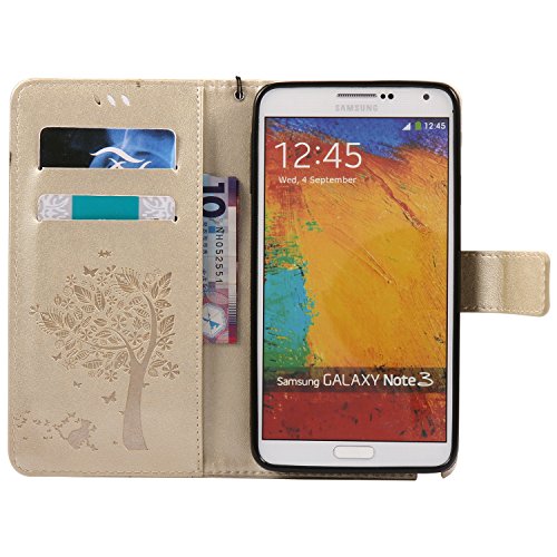 Schutzhülle für Samsung Galaxy Note 3 Golden, TOCASO Ultra Thin PU Leder Flip Cover Tasche Ledertasche Handytasche Hülle für Samsung Galaxy Note 3 Buchstil Handyhülle Protective Case Etui Bumper Schale Wallet vollständig schützende Design Katzen und Baum Schmetterling mit Magnetverschluss Ständerfunktion ID Karte Slots Pouch Soft Silikon Backcover Rückseite shell kunstlederhülle + Schwarz Stylus Pen - 4