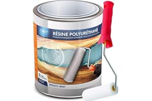 ATOUT RÉSINES Résine polyuréthane MAT 750 ML mono- composant, incolore, vernis, vitrificateur, protection polyvalente, multi-usages et son rouleau adapté à la bonne application de la résine. 750 ML Mat