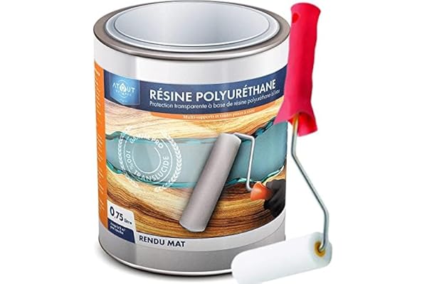 Résine polyuréthane MAT 750 ML mono- composant, incolore, vernis, vitrificateur, protection polyvalente, multi-usages et son rouleau adapté à la bonne application de la résine. 750 ML Mat