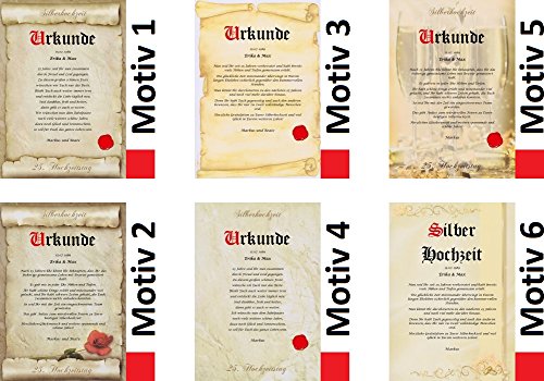 Silberhochzeit Urkunde persönliche Geschenk Karte zum 25. Hochzeitstag Pergament div. A4 Papier Motive - 8
