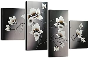 Wieco Art - Elegant Blooming Flowers 4 panels Modern 100% Hand Painted Floral Oil Paintings Artwork on Canvas Wall Art Set Ready to Hang for Living Room Bedroom Decor