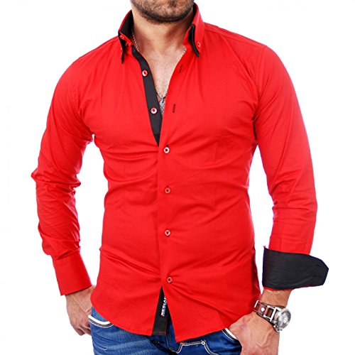 Reslad Herren-Hemd Slim Fit Kontrast Langarm-Hemd Alabama RS-7050 Rot-Schwarz