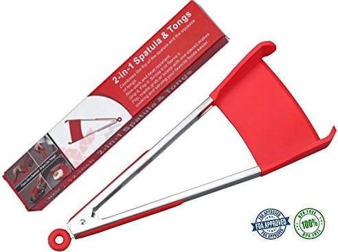 Clever Tongs - 2 in 1 Silicone Spatula and Tongs Kitchen Tools, Non-stick, Heat Resistant, Easy Clean, Stainless Steel Frame, As Seen On TV (Red, 12'')