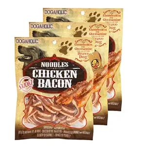 Foodie Puppies Dogaholic BBQ Max Chicken Bacon Strips 130 g (Smoke Noodles Chicken Bacon Strips, Pack of 3) with Free Key Ring