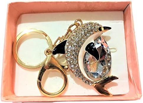 New Gift Boxed Ladies Girls Gold Diamante Stunning Leaping Dolphin Handbag Bag Charm Keyring Colour Diamante Rhinestone Accessorize Me