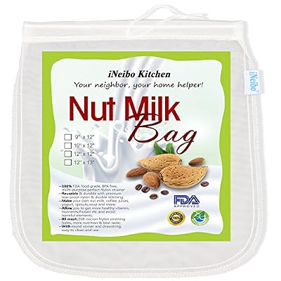 iNeibo Sac à Lait Végétal/Filtre à Jus, Café froid/ Germoir à graines. Nut Milk Bag iNeibo Sac Passoire en Nylon Réutilisable, Solide, Toile/étamine fine ; Maille 200 microns. Idéal pour préparer le lait d'amande, lait de soja, lait de riz, lait…