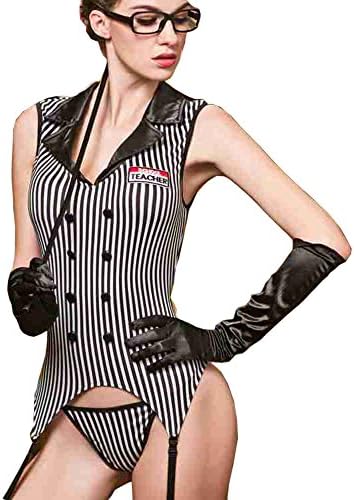 Truefeeling Women's Sexy Soft Lingerie Role Play Teachers Outfit Cosplay Uniforms Temptation Stripes Open Crotch Dress