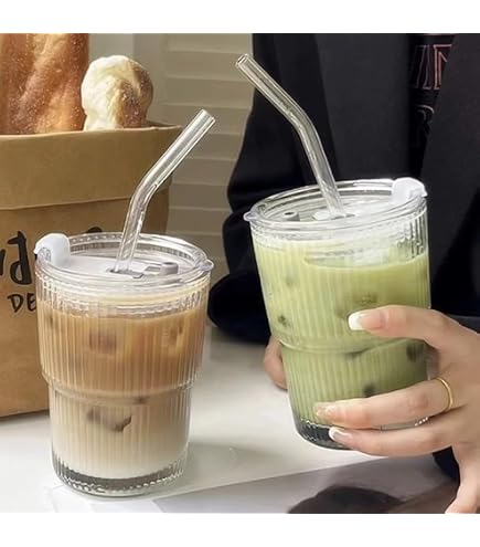 Newpop Lot 2 Tasses à Café 400ml Verre Strié Avec Couvercle Et Paille - Verres Thé Et Boissons