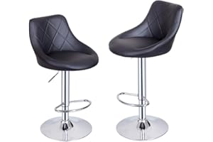 Panana Lot de 2 Tabourets de Bar, Chaises Haut, Hauteur Réglable, Revêtement en PU, Rotatif sur 360°, avec Dossier et Repose-Pieds, Pied Chromé, 39 cm (L) x 38 cm (l) x 89-109 cm (H) (Noir)
