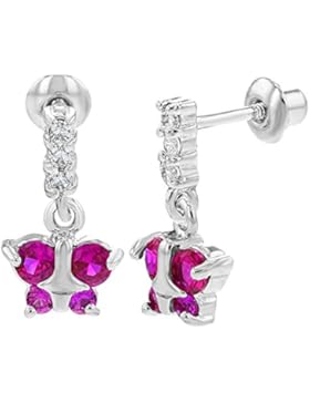 In Season Jewelry Mädchen - Schraubverschluss Ohrringe Baumeln Fuchsia Schmetterling Rhodiniert Weiß CZ Zirkonia