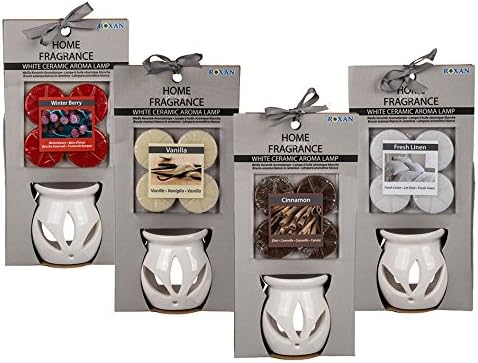 White Ceramic Oil Candle Burner with 4 Scented Wax Tealight Melt Gift Set - Leave Your Room With a Soft Smelling Fragrance - Choose from Vanilla, Fresh Linen, Winter Berry and Cinnamon (Cinnamon)
