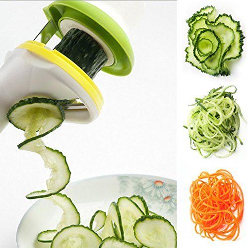 DOLDOA Spiralschneider Hand für Gemüsespaghetti kartoffel,Zucchini Möhren Reibe Spargelschäler Gurkenschäler Gurkenschneider Gemüseschneider, mit Drei Funktionen Klingen,Grün