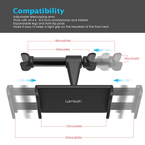 Supporto Auto Poggiatesta per Tablet, Supporto Lamicall per iPad : Universale Supporto per Tablet da 5 a 11 pollici come iPad 2017 Pro 9.7, 10.5, Air mini 2 3 4, Accessori - Nero