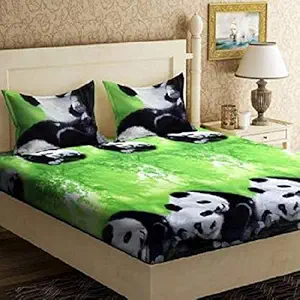 Cotton Villas 3D Green Panda Printed Bedsheet for Double Bed with 2 Pillow Cover Microfiber and Cotton Mix Color Black (88 X 88 inch )