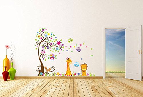 Wallpark groß Bunt Blume Baum mit Niedlich Eulen Giraffe Löwe Abnehmbare Wandsticker Wandtattoo, Kinder Kids Baby Hause Kinderzimmer DIY Dekorativ Kunst Wandaufkleber - 3