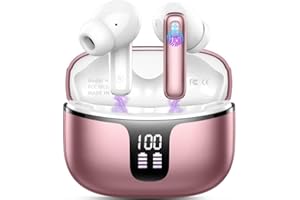 RENIMER Cuffie Bluetooth, Auricolari Bluetooth 5.3 Stereo HiFi con 4 ENC Mic Cancellazione Rumore, 2024 Cuffie Wireless In Ear 40H LED Cuffiette Bluetooth IP7 Impermeabili Auricolari Senza Fili Rose Gold