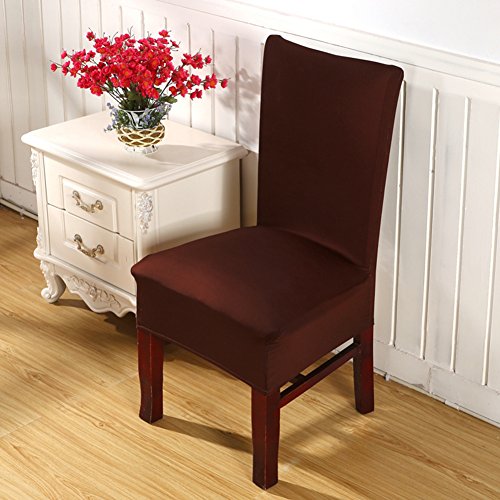 Stuhl Husse ISWEES 6 Stück Universell Stuhlhussen Stretch Stuhl Husse Stuhlbezug Stuhlüberzu,Gedruckt Baumwolle (Dunkelbraun) - 2