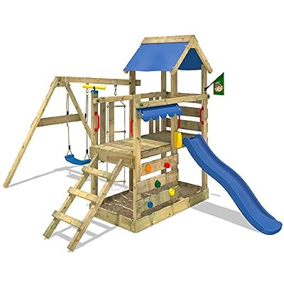 WICKEY Portique de jeux TurboFlyer avec balançoire et toboggan Plateforme à la hauteur de 90cm Aire de jeux en bois