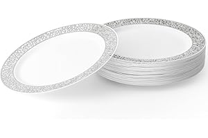 Matana 20 Piatti Dessert in Plastica Bianca Premium con Bordo Argento, 19cm - Eleganti, Resistenti e Riutilizzabili - Matrimoni, Compleanni, Battesimi, BBQ, Natale, Feste