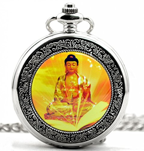 Unendlich U Buddha-Statue Retro Handaufzug Mechanische Taschenuhr Buddhism Hohle Skelett Kettenuhr Pullover Halskette Silber