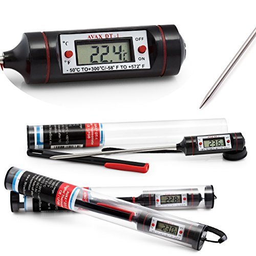 AVAX DT-1- Digital LCD alimentaire Thermomètre Cuisine sonde de cuisson des vins, de l'Alimentation, de la viande, Steak, Turquie, BBQ, Yerba Mate, etc - Plage de température: -50 ° C à 300 ° C /-58F à 572F - (emballage du tube et une protection bouchon inclus pour une meilleure protection) - Batterie inclus Battery Included