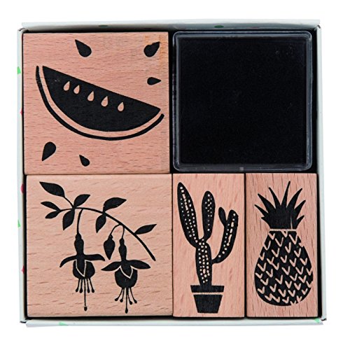 Sortiment mit 4 Stempeln aus Holz mit Stempelkissen - Tropical Spring