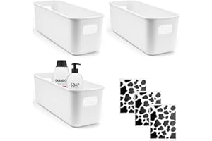 PEALOVCOM 3 Piezas Cestas Organizadoras para Cajones de Baño y 3 Pegatinas Decorativas Caja Organizadora para Armario de Cocina de 28 x 10 x 9,5 cm Cesta de Almacenaje de Plástico para Organizar Baño