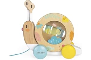 Janod - Chiocciola in Legno da Trainare Pure - Giocattolo in Legno con Xilofono e Tamburello - Vernice Ad Acqua - Giocattolo Educativo Musicale 1A Infanzia - Da 1 Anno, J05159