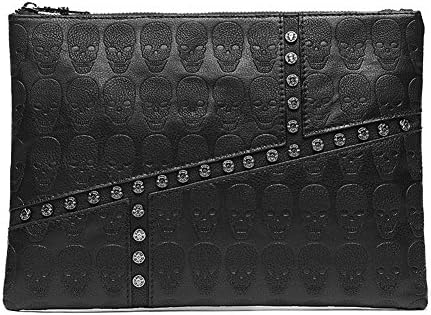 NABAO Men's PU Leather Skull Rivet Decoration Envelope Clutch Bag Wristlet Handbag Wallet Business Portfolio Briefcase Black