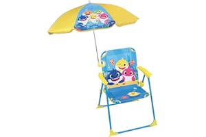 Fun House 713463 Baby Shark Chaise Pliante Camping Dimensions : H.38.5 XL.38.5 x P.37.5 CM + Parasol Ø 65 CM pour Enfant, Multicolore