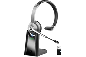 VONZTEK Bluetooth Headphones, Wireless Headset with Microphone Noise Canceling & USB Dongle, On Ear Headphones with Charging Dock, PC Headset with Mute Button for Cell Phone/Meeting/Call Center/Office