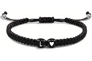 SeaAZqurtles Pulseras con inicial de corazón, pulseras de cuerda de 26 letras negras, pulseras trenzadas ajustables A-Z, eslabones de corazón hechos a mano, pulseras de corazón trenzadas, pulseras de