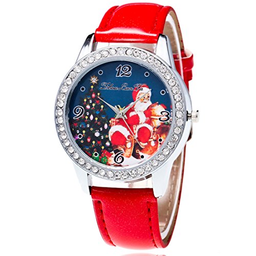 Souarts Damen Weihnachtsmann Retro Einfach Design Kunstleder Armbanduhr mit Strass Quartzuhr Analog mit Batterie Rot Souarts Damen Weihnachtsmann Retro Einfach Design Kunstleder Armbanduhr mit Strass Quartzuhr Analog mit Batterie Rot