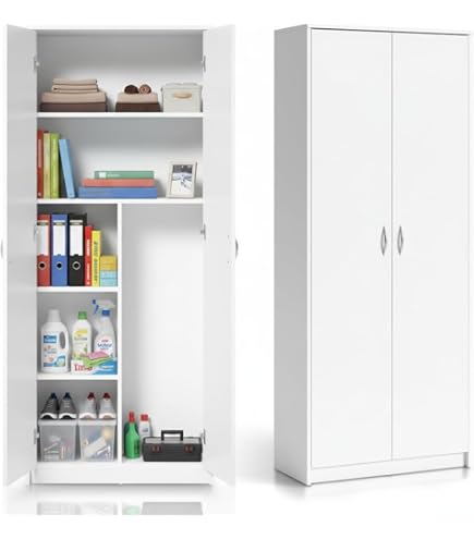 Dmora - Multifunctionele kast Charleston, bezemkast met 2 deuren, schoenenkast met planken, bezemkast, 73 x 37 x 180 cm, wit