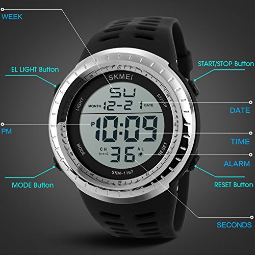 SunJas 50 Meter wasserdicht Armbanduhr Sportuhr Stoppuhr Digital LED Wecker Casual Militär Quarzuhr Alarm Watches Multifunktions-Analog für Herren Damen Jungen Mädchen Kinder - 8