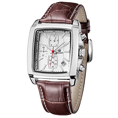 Megir Herren Sportuhr mit Chronograph-Funktion, braunes Lederband, Quarzuhrwerk Megir Herren Sportuhr mit Chronograph-Funktion, braunes Lederband, Quarzuhrwerk