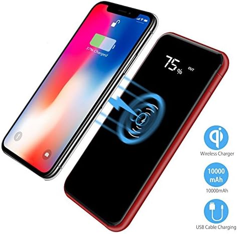 Udenx Qi Wireless Portable Charger, 10000mAh Fast Charging Power Bank with LED Digital Display External Battery Pack 2 in 1 for iPhone X, iPhone 8, 8 Plus, iPad, Samsung Galaxy S8, S8 Plus (Red)