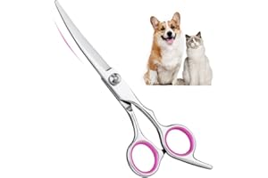 Adiwo Zintegrowane nożyczki do pielęgnacji zwierząt ze stali nierdzewnej, 1 para nożyczek zakrzywionych w górę, różowy palec serdeczny, zakrzywione nożyczki (jedna wygięta nad nakrętką)