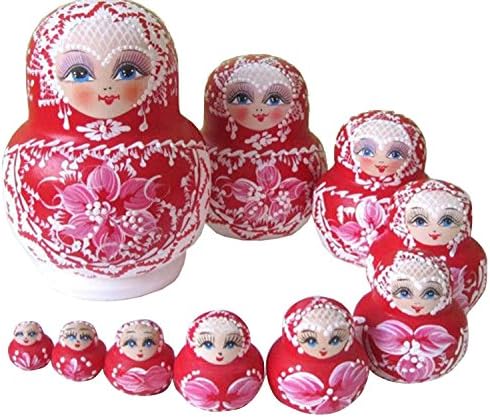 ANKKO 10pcs Wooden Russian Matryoshka Nesting Dolls Painted Dolls, Red