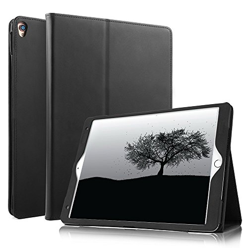 Ipad Air 2 Hülle, Boriyuan Echt Leder Case Schutztasche aus echtem Leder mit Standfunktion, Auto Sleep Wake up und Fach für Kreditkarten, mit Displayschutzfolie + Stylus für das Apple Ipad Air 2 - (Schwarz)