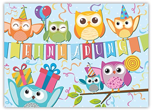 12 Lustige Einladungskarten im Set für Kindergeburtstag Eule Party für Jungen Mädchen Kinder Top Geburtstagseinladungen Karten Eulen Luftballons Uhu witzig Einladung Geburtstag Feier - 2
